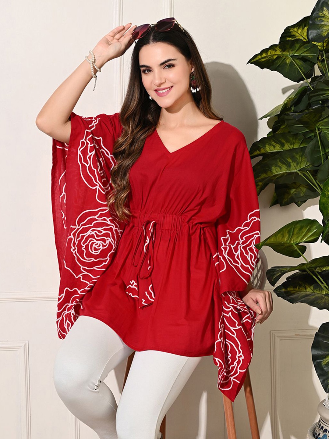 

DECKEDUP Kimono Sleeve Cotton Kaftan Top, Red