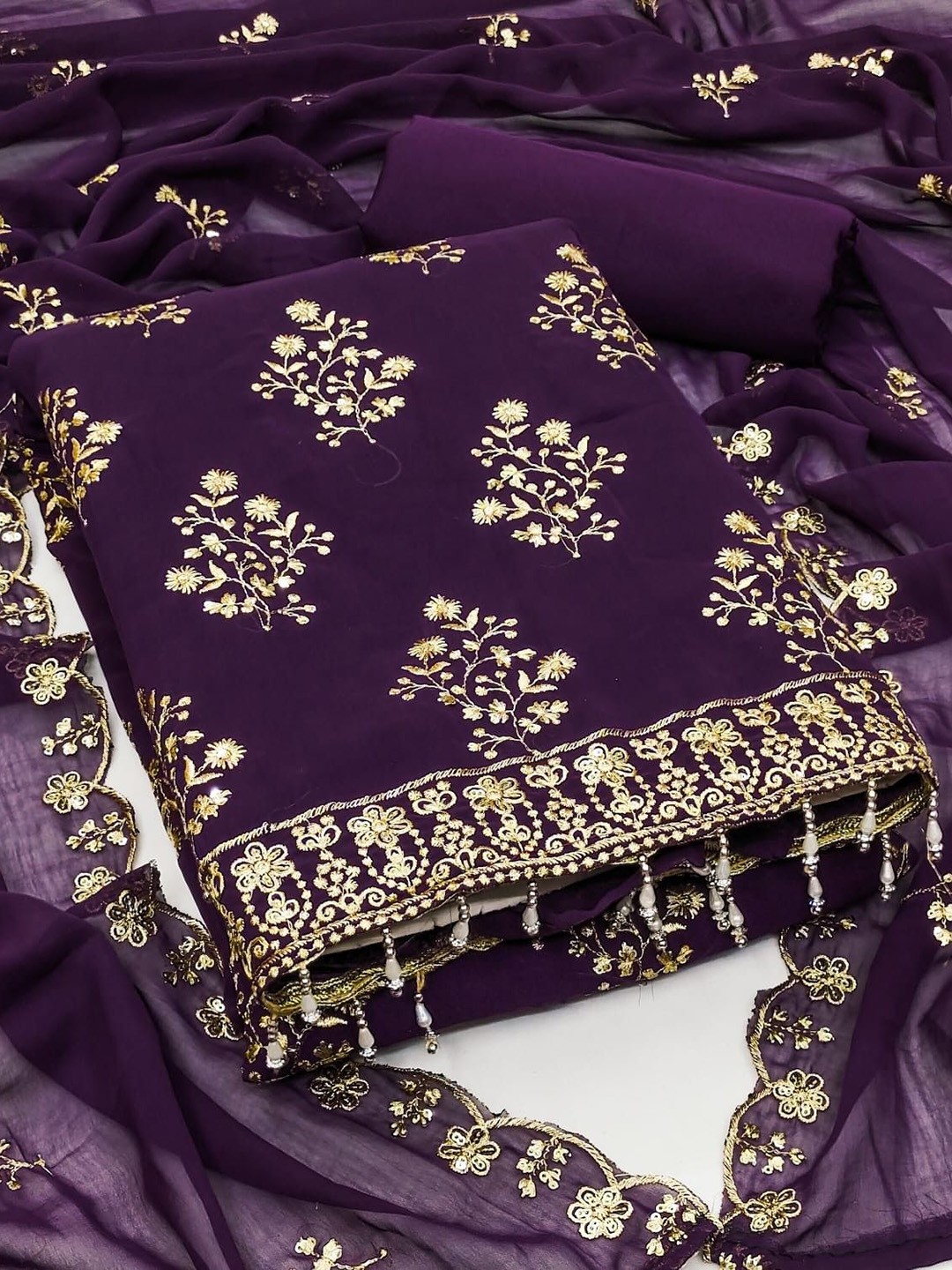 

mimi design Silk Georgette Unstitched Dress Material, Purple