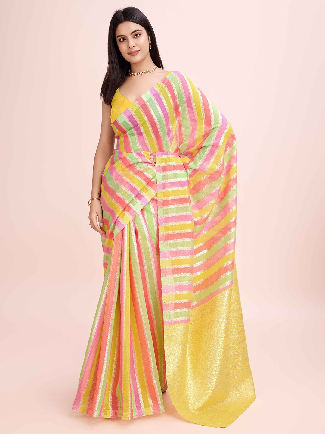 

ZIKARAA Striped Zari Pure Silk Banarasi Saree, Yellow