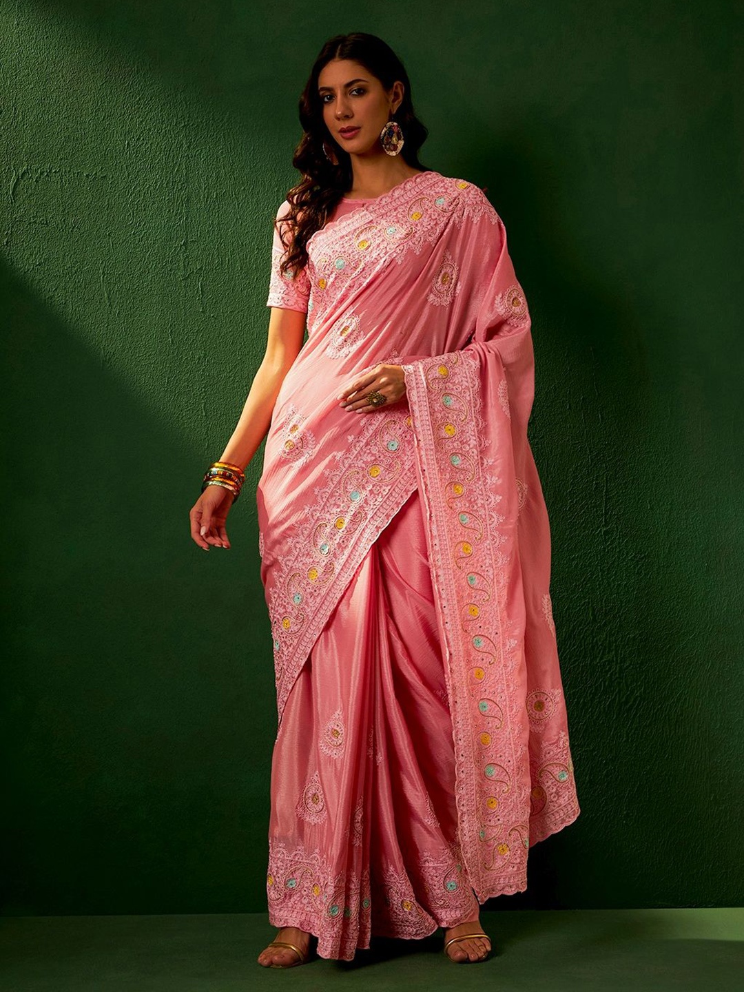 

Suha Paisley Embroidered Poly Chiffon Saree, Pink