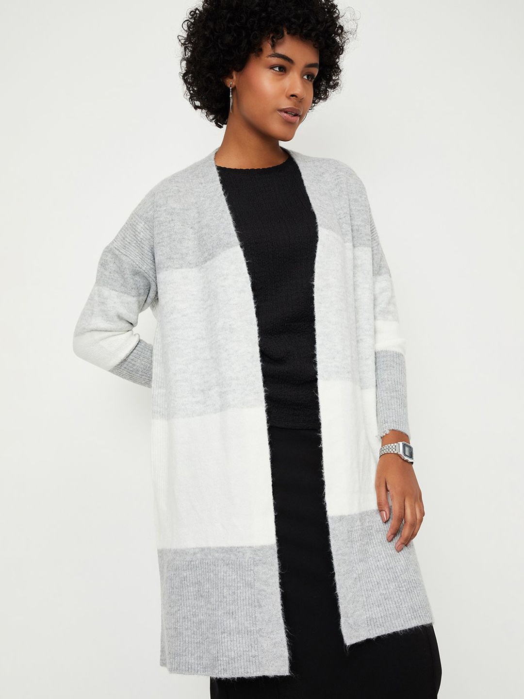 

max Women Striped Longline Cardigan, Grey