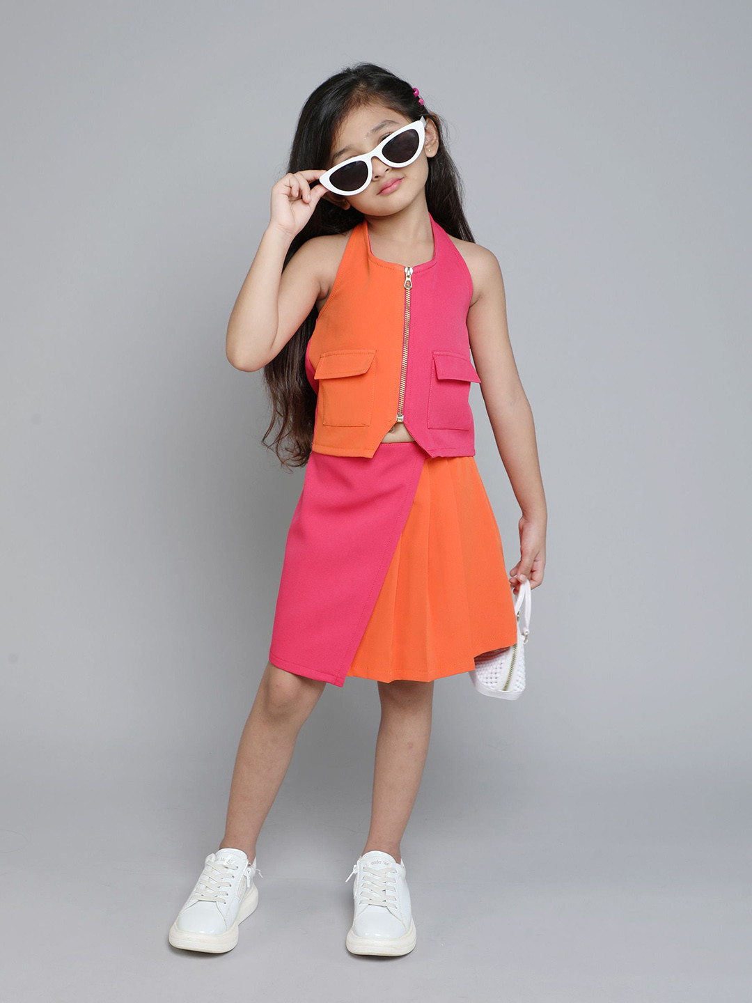 

taffykids Girls Colourblocked Top with Skirt, Orange
