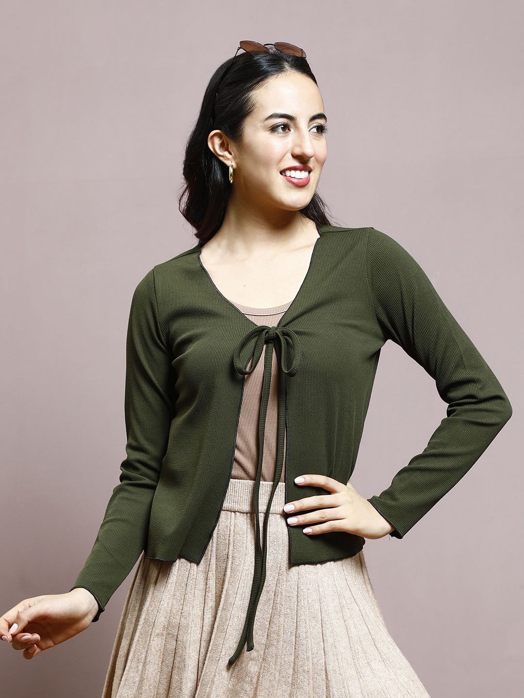 

Athena Women Tie-Up Shrug, Olive