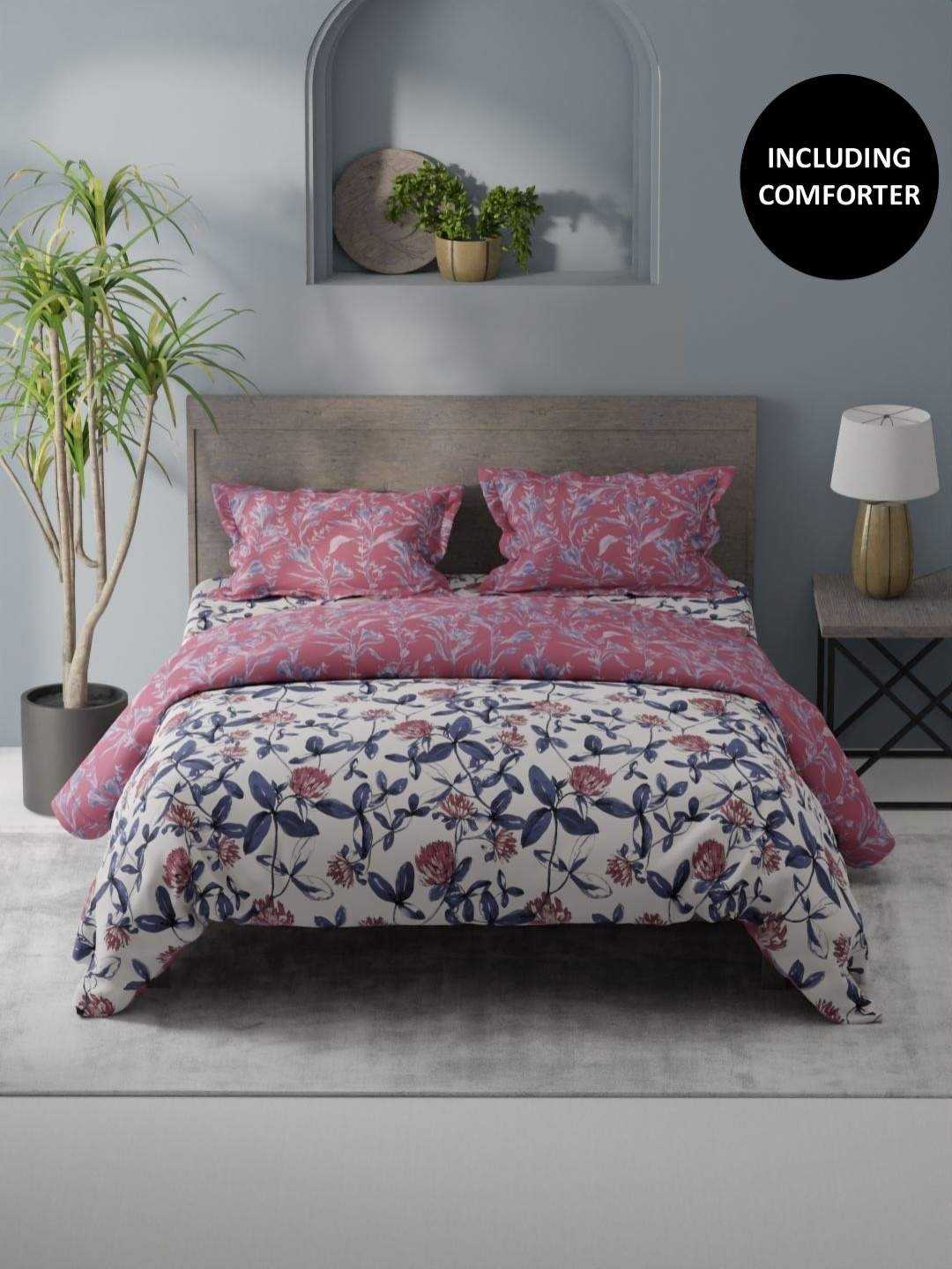 

KOPA Pink & Blue4 Pcs Floral Printed Cotton Queen Comforter & Bedsheet 2 Pillow Covers