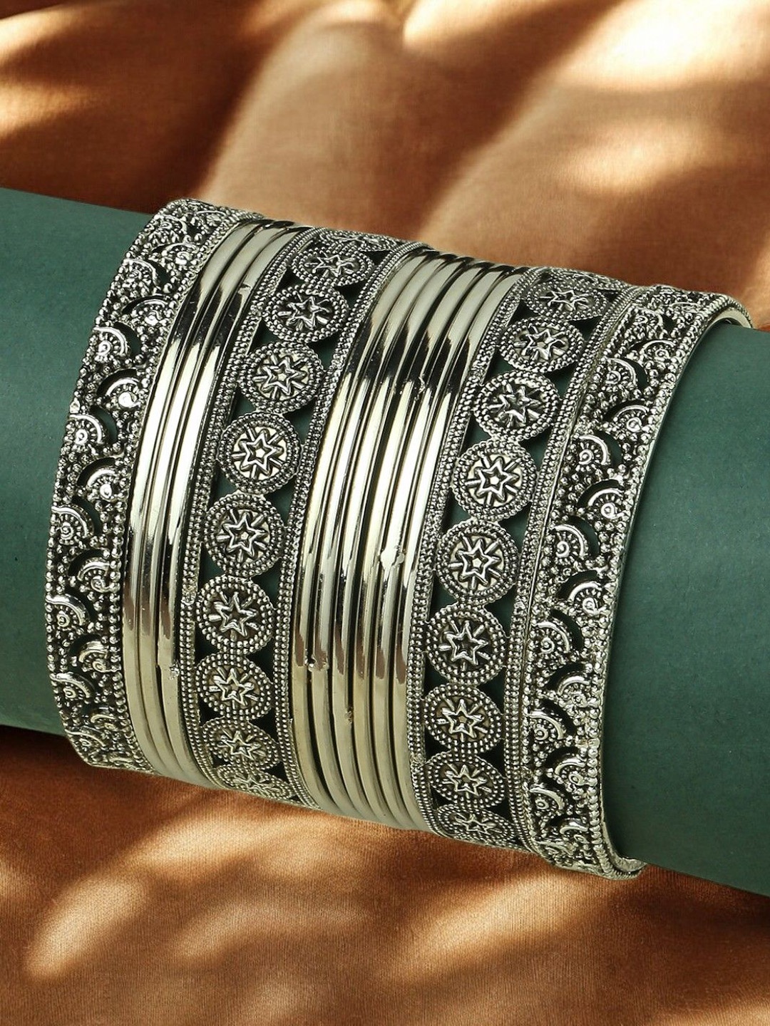 

Sangria Set Of 13 Oxidized Bangles, Silver