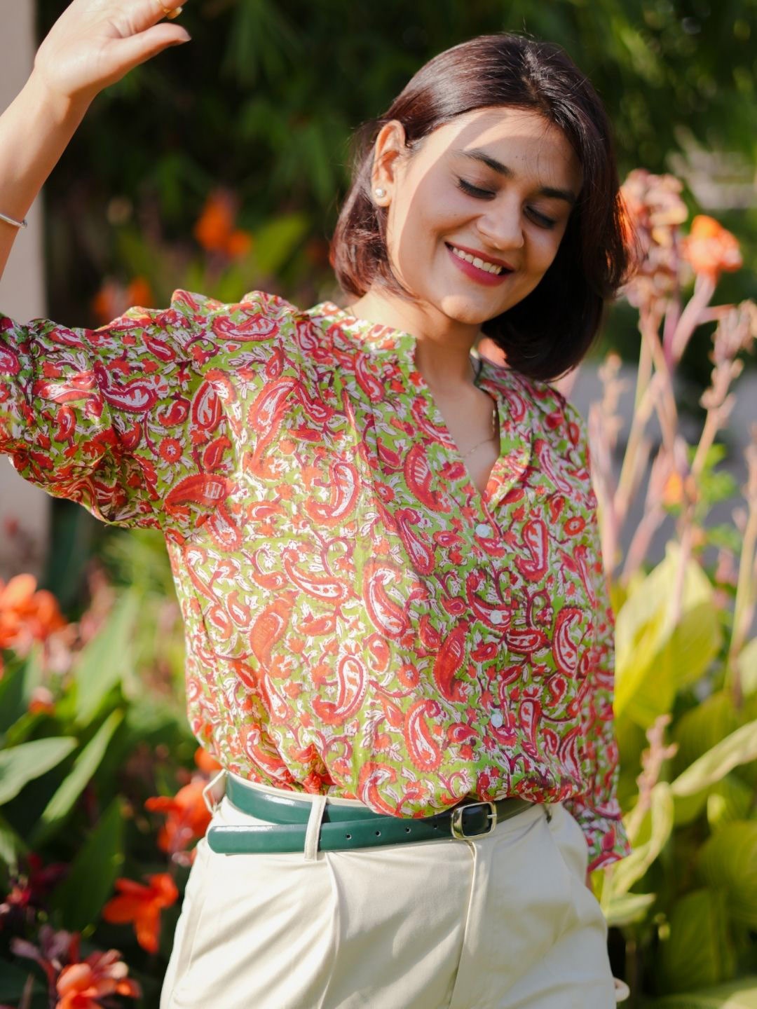 

SASSY SAJJA Floral Print Mandarin Collar Cotton Top, Multi