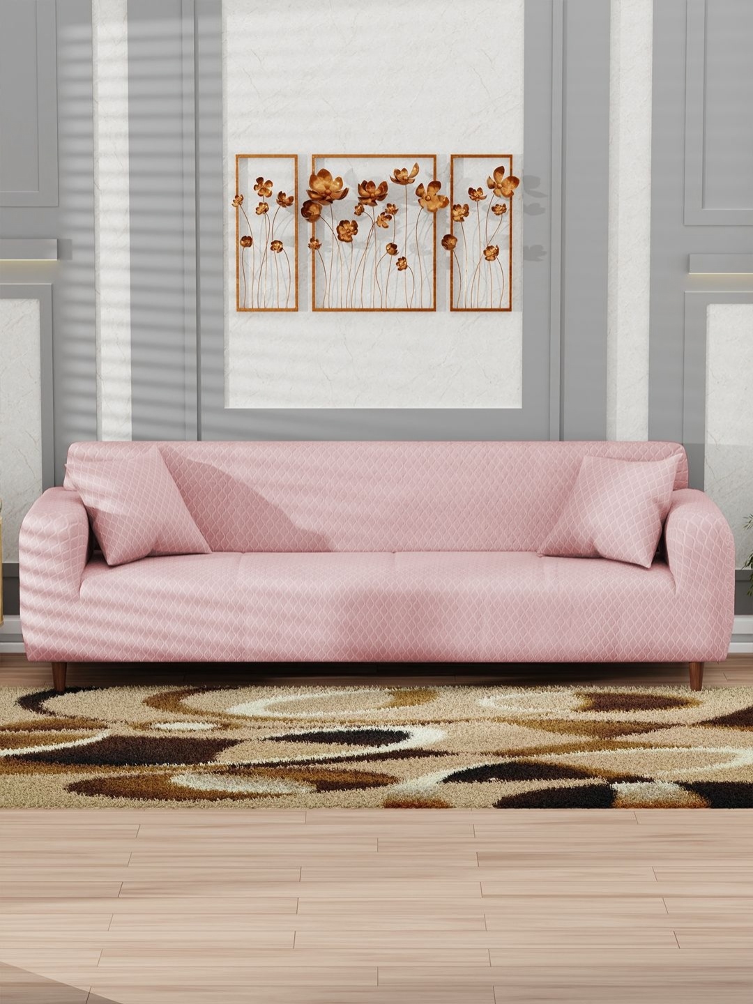 

Myntra Elegant Homes Pink 3 Piece Self Design Sofa Cover With Arms