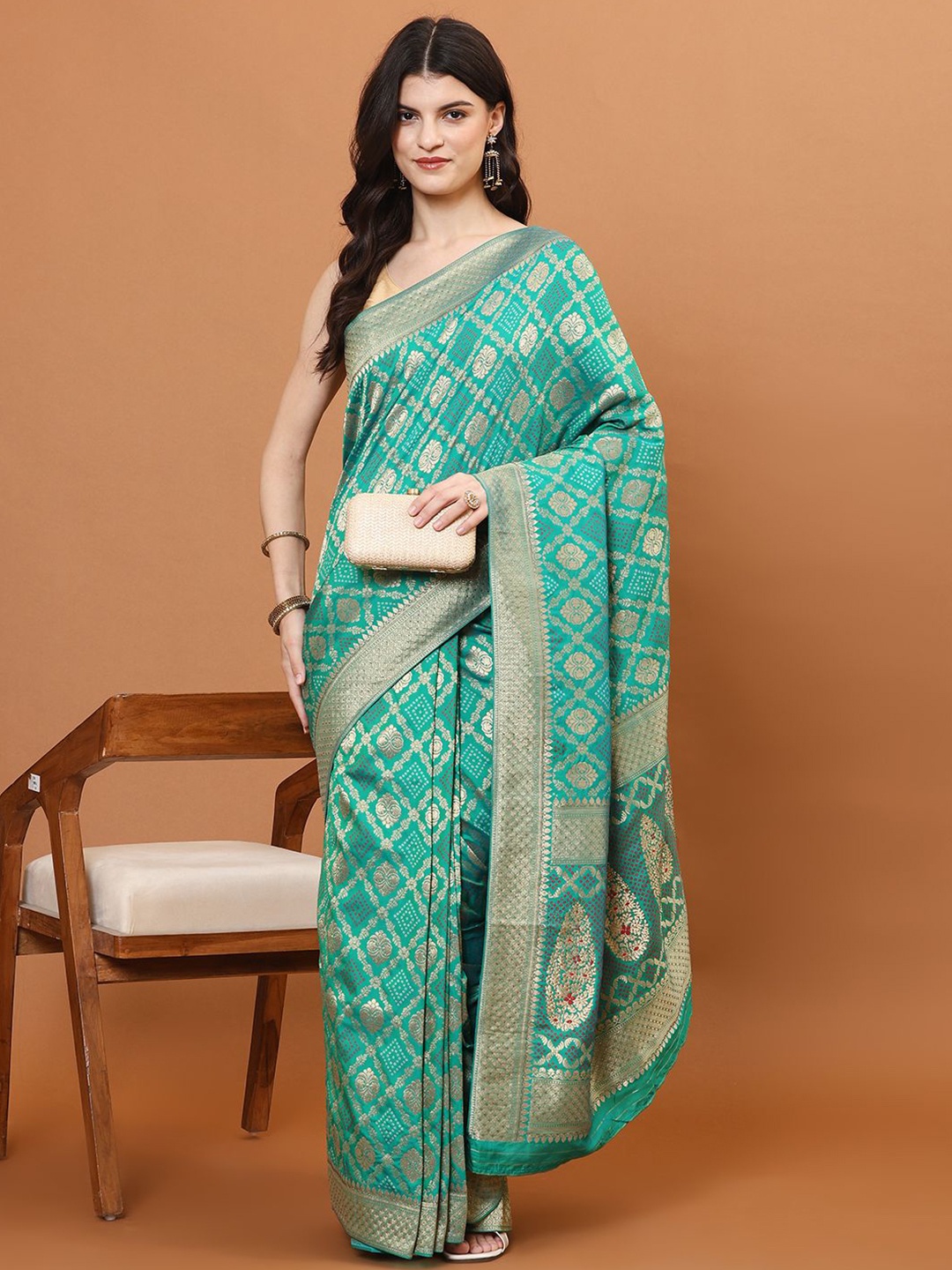 

Meena Bazaar Ethnic Motifs Woven Jaal Art Silk Banarasi Saree, Sea green