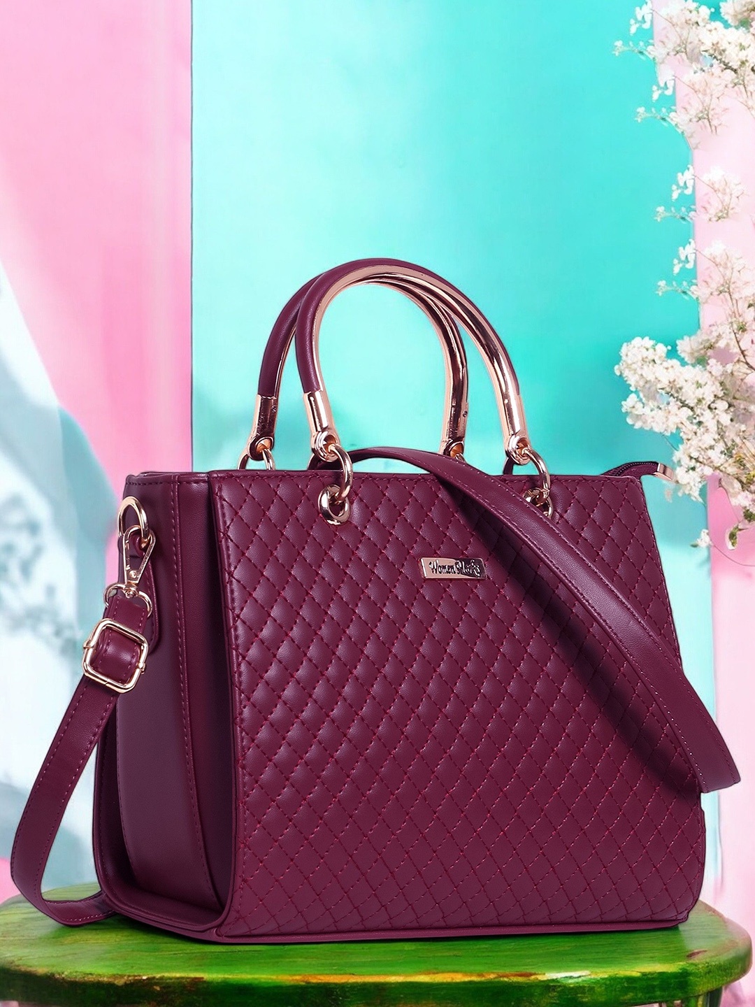 

WOMEN MARKS PU Handheld Bag with Quilted, Maroon