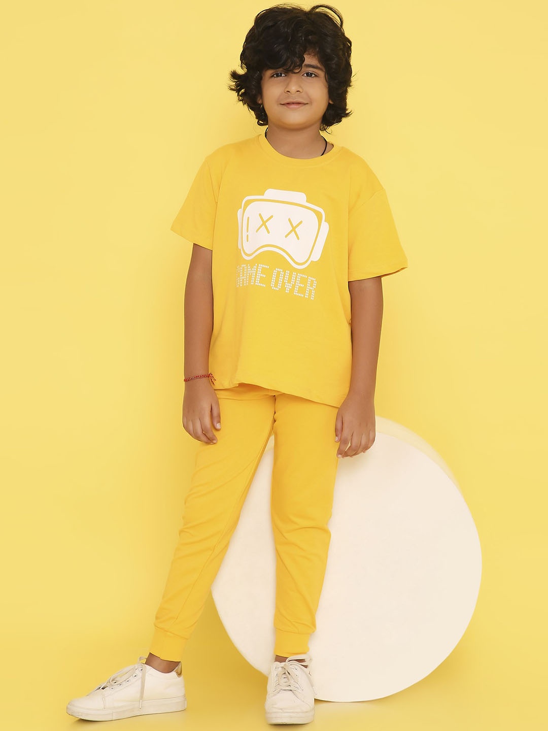 

Knitting Doodles Kids Printed Pure Cotton T-shirt and Joggers, Yellow