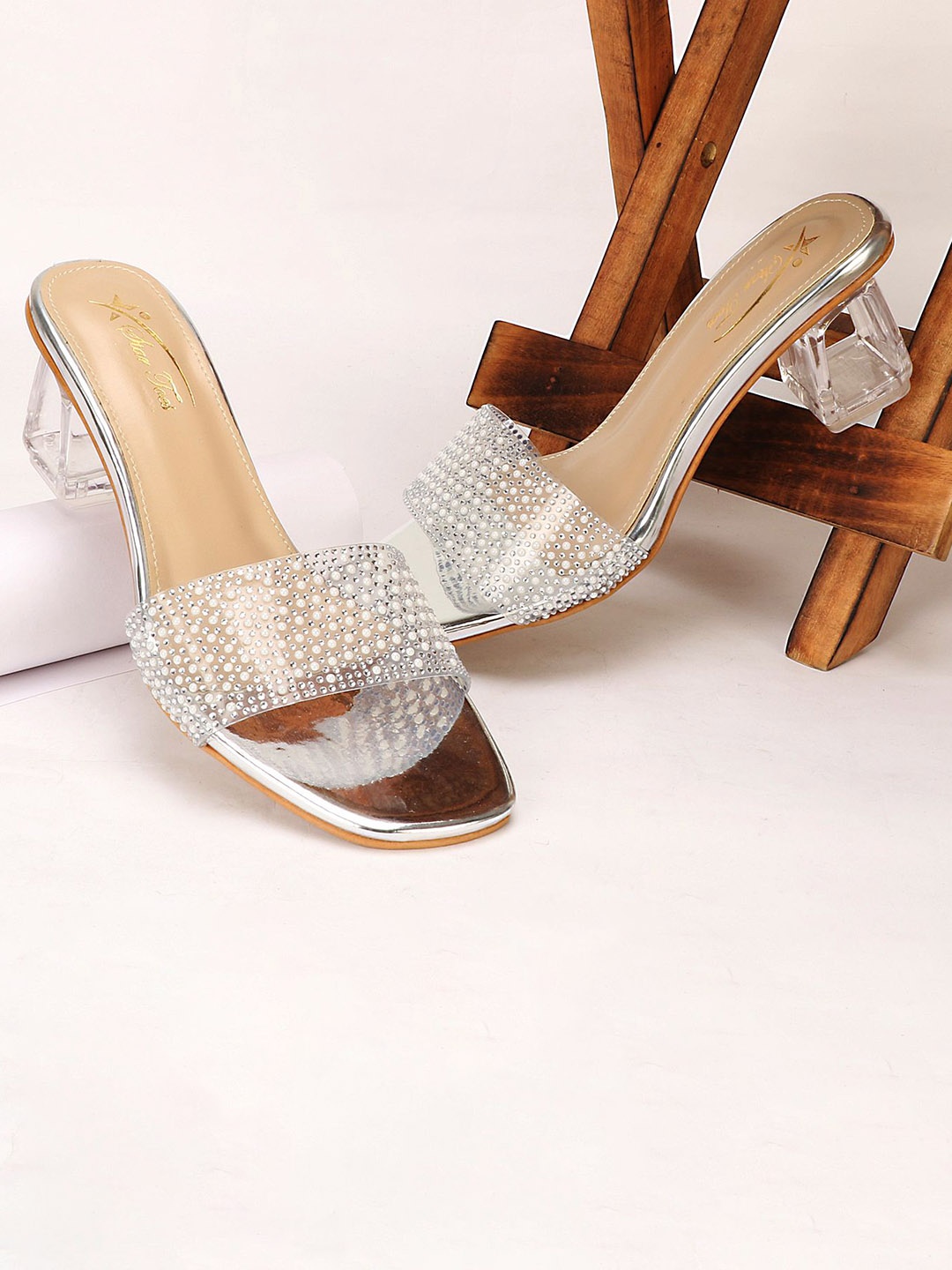 

STARTOES Embellished Party Block Sandals, Silver