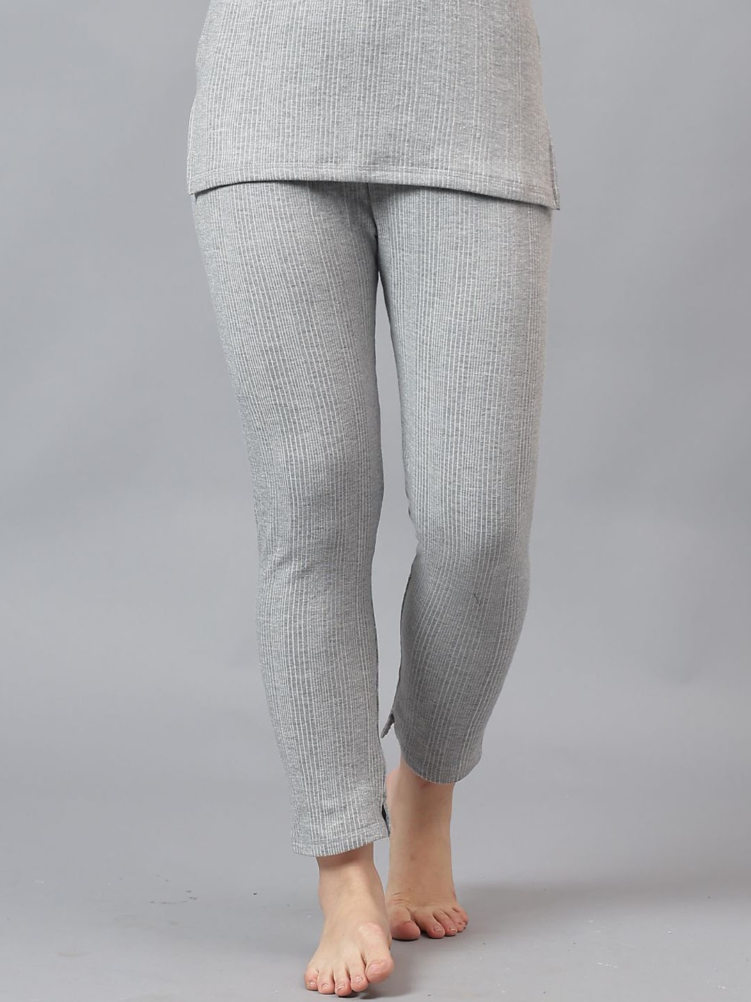 

JJAAGG T Women Ribbed Mid-Rise Thermal Bottoms, Grey melange