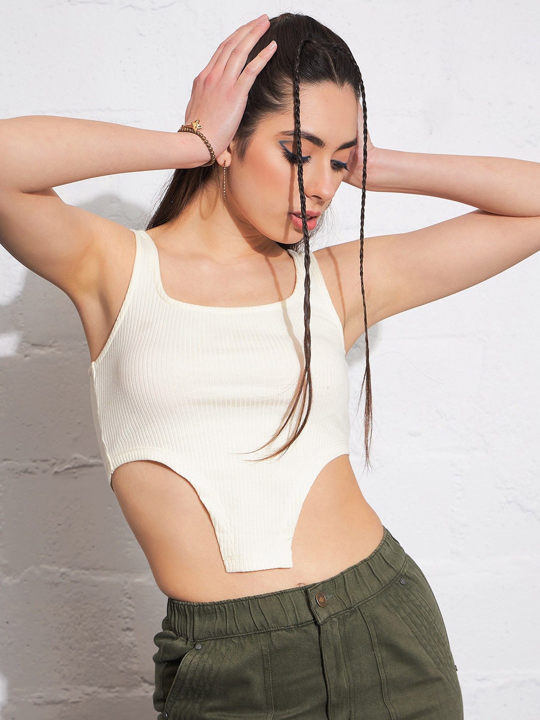 

SASSAFRAS Women Ribbed Cut Out Fitted Crop Top, Off white