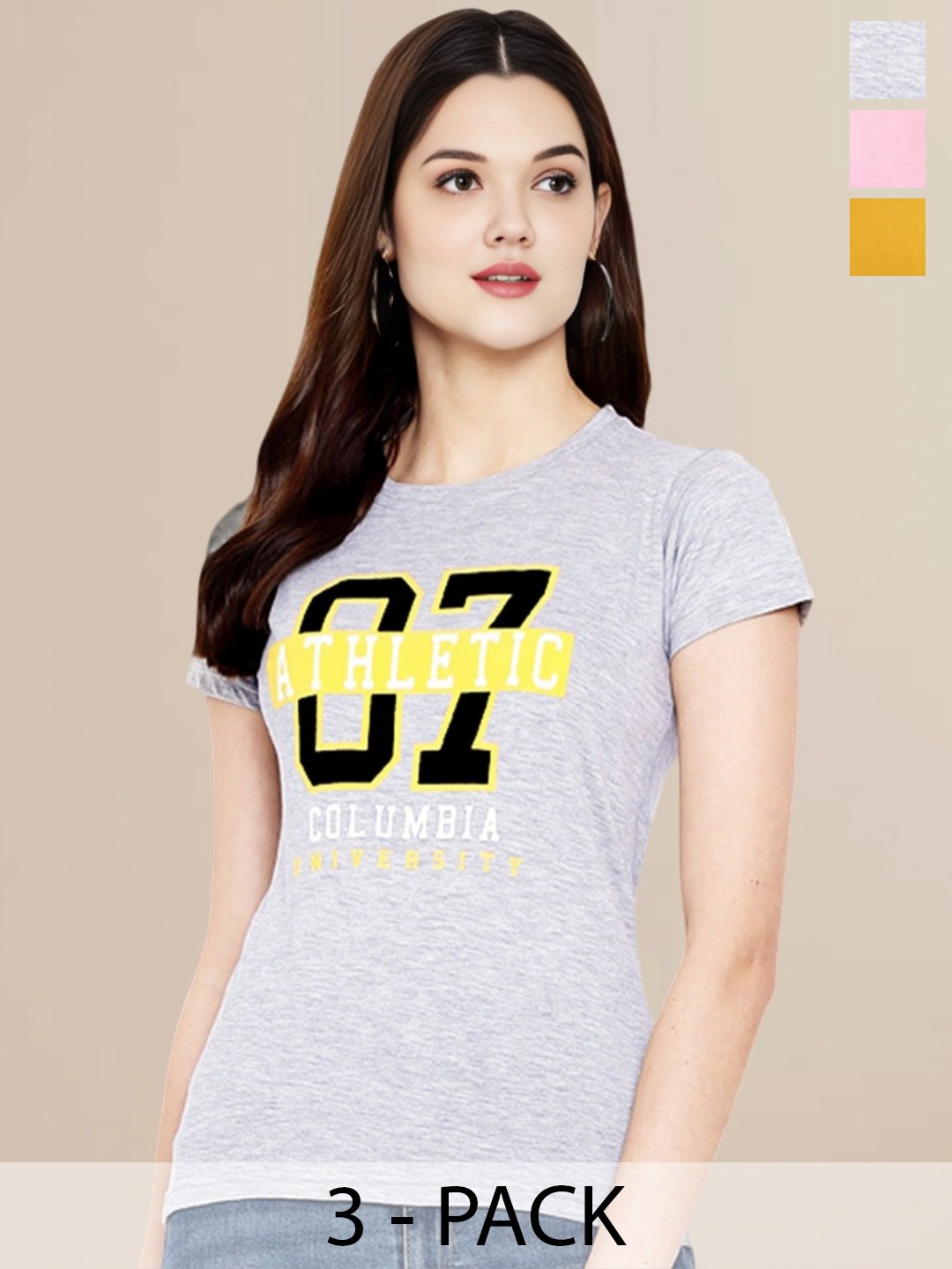 

Metronaut Women Pack Of 3 Typography Printed Round Neck Cotton T-shirts, Mustard