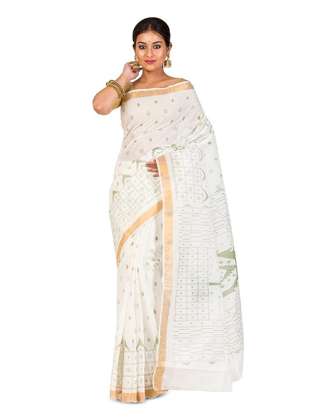 

RAJ SAREE HOUSE Woven Design Zari Pure Cotton Taant Saree, Off white