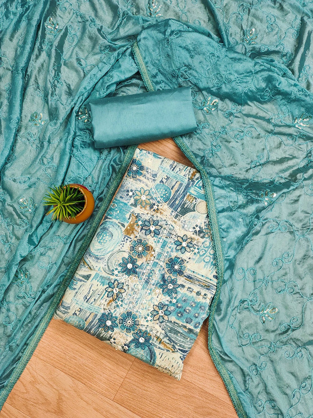 

KALINI Printed Unstitched Dress Material, Blue