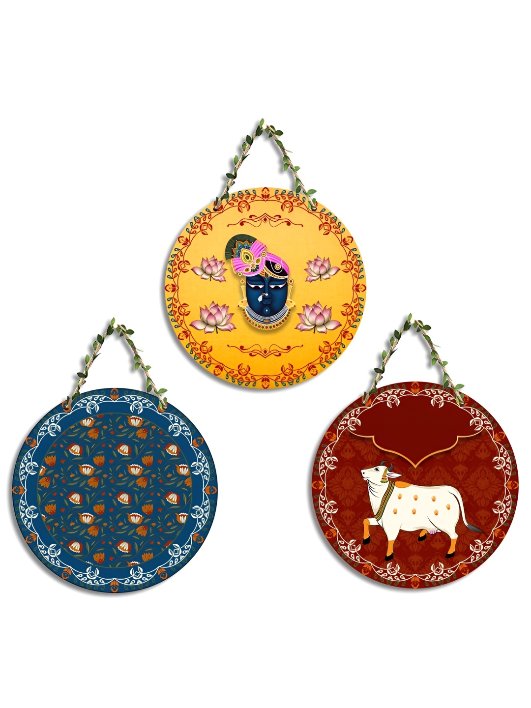 

SEHAZ ARTWORKS New circle Maroon & Yellow 3 Pieces Printed Wooden Wall Hanging Decor