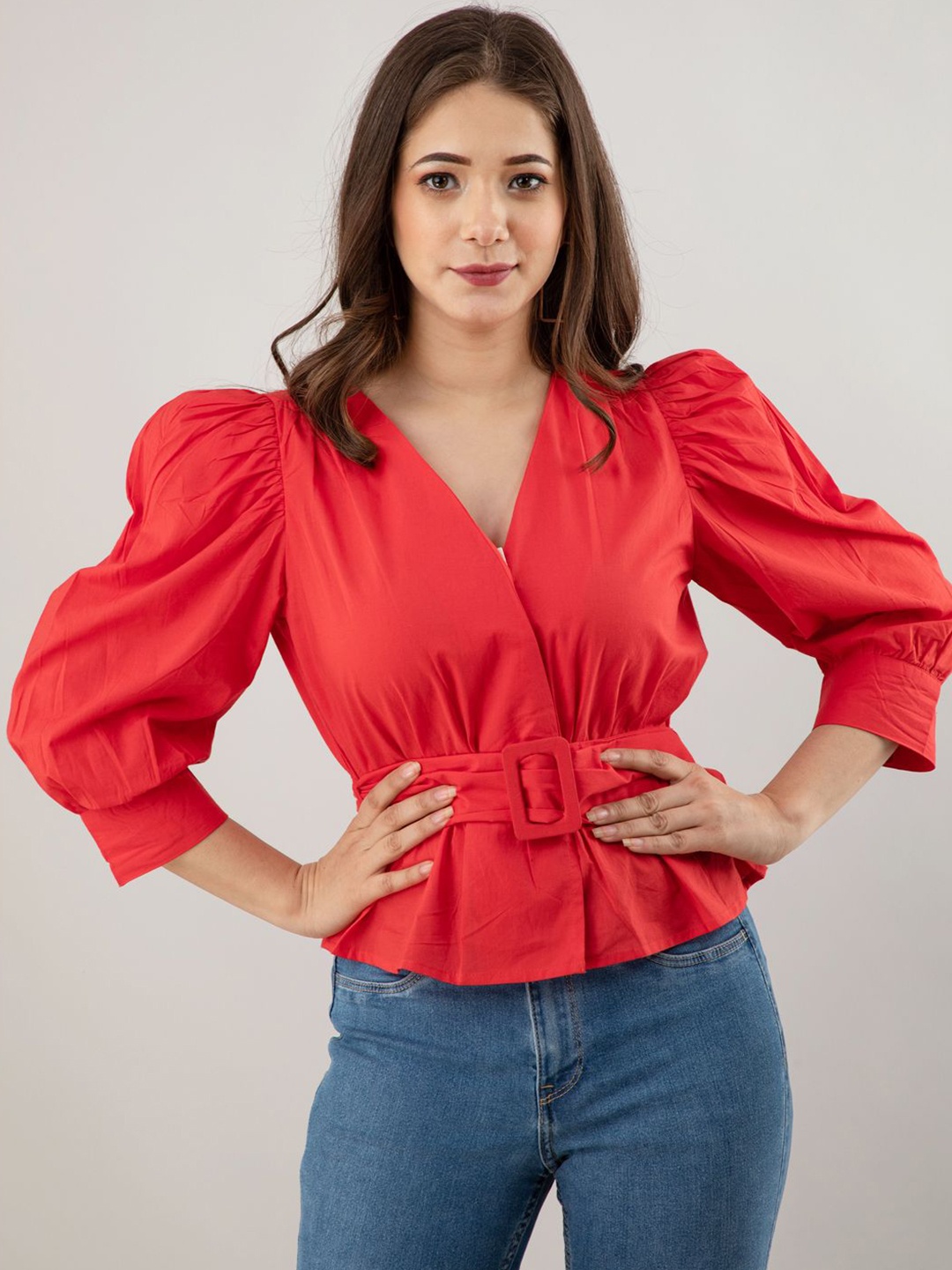 

all about you Puff Sleeve Cotton Cinched Waist Top, Red