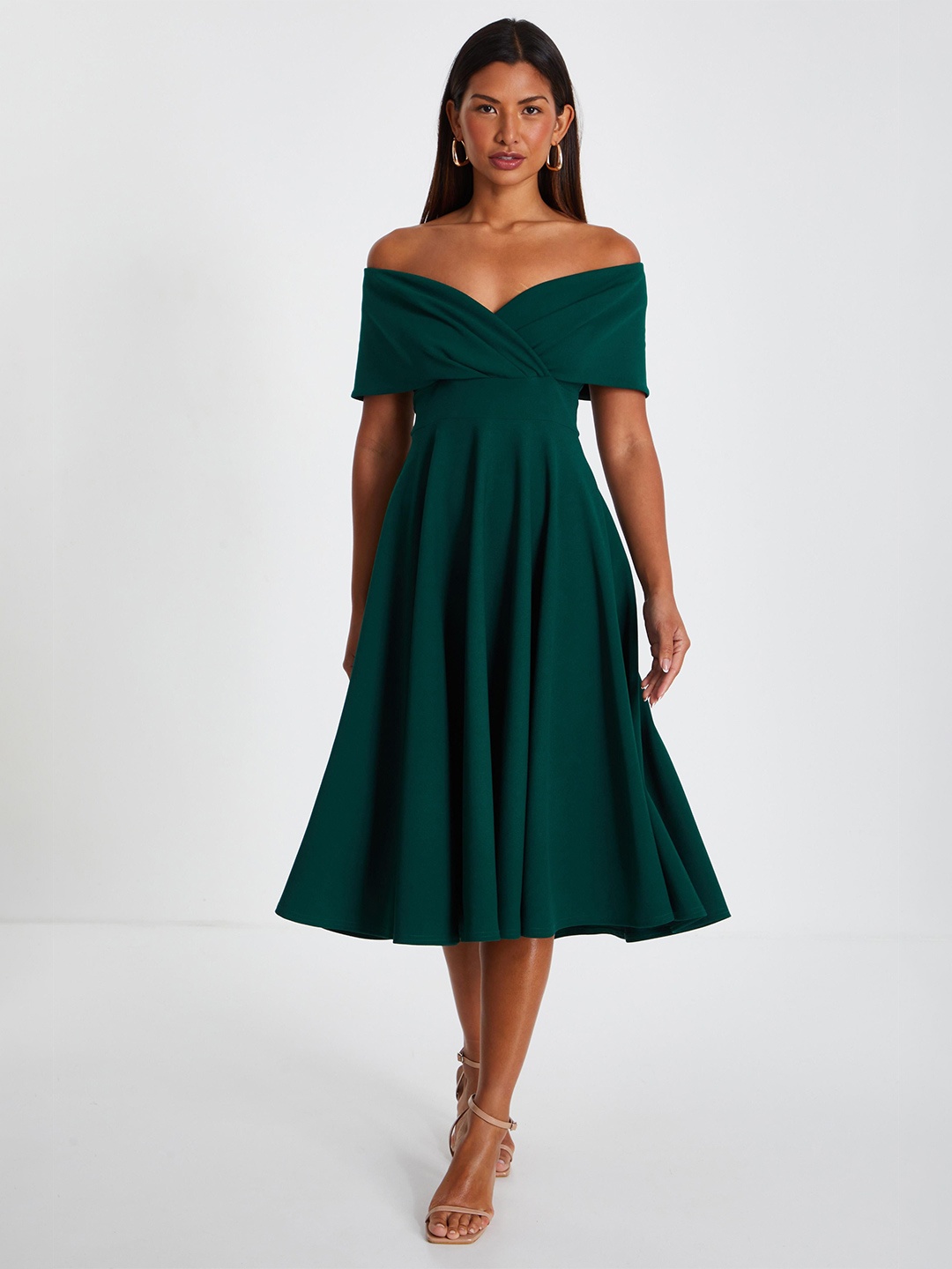 

QUIZ Off-Shoulder Fit & Flare Midi Dress, Green