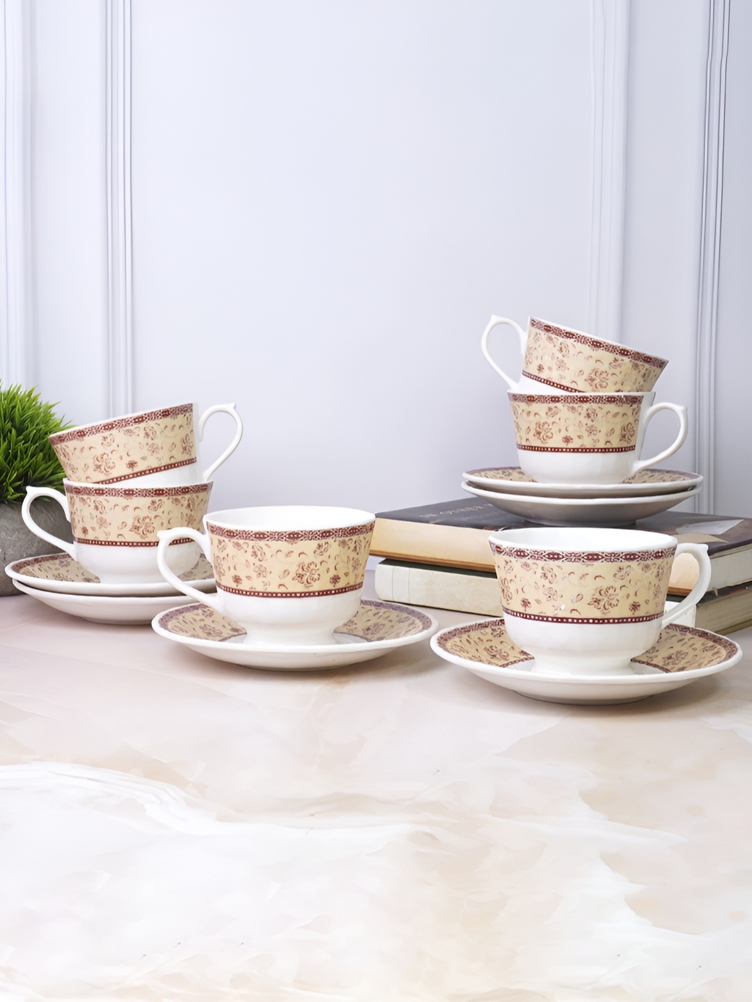 

UPC Set of 6-Premium Ceramic Printed Glossy Cups & Saucers, White