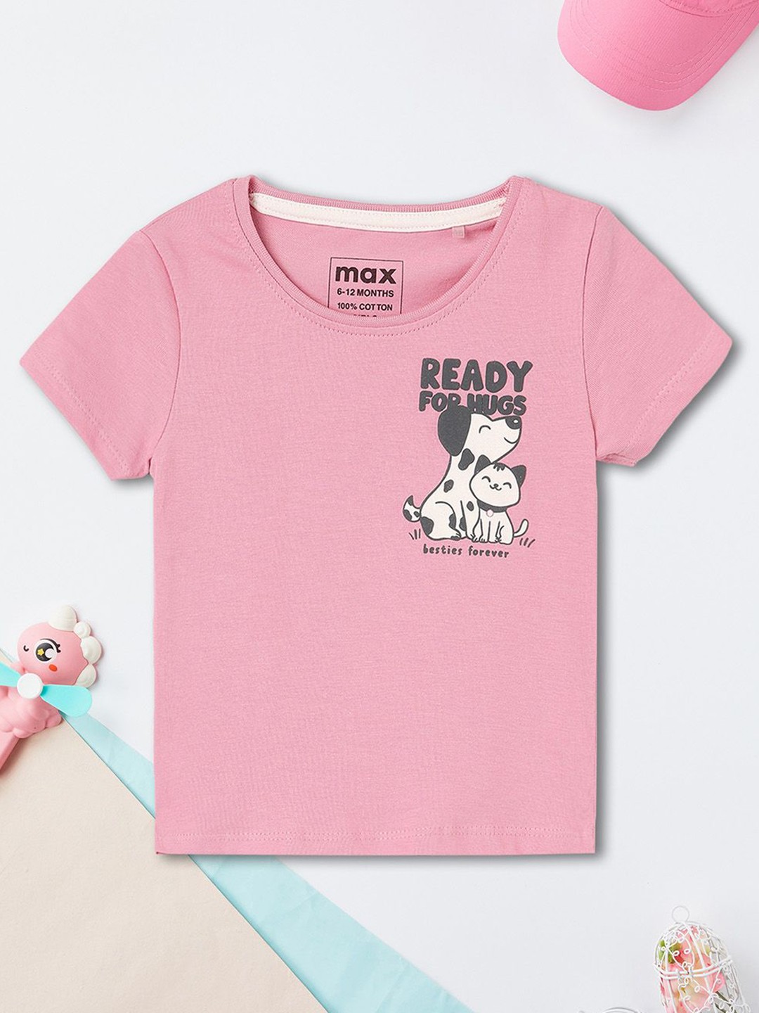 

max Girls Printed V-Neck Applique T-shirt, Pink