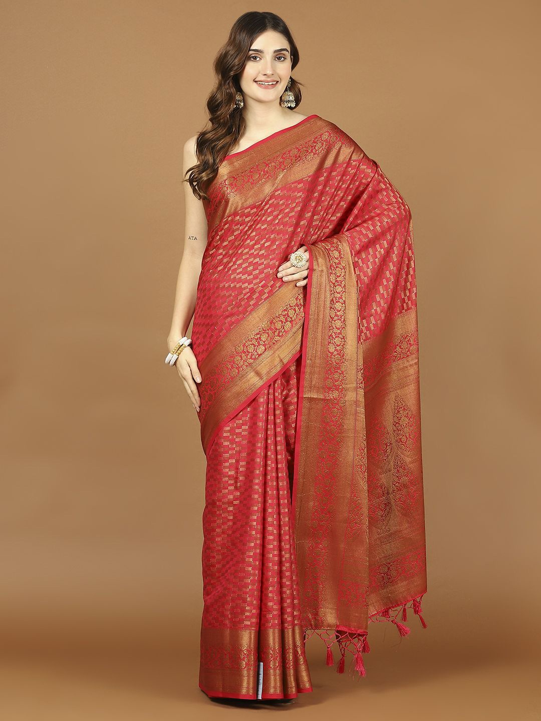 

Meena Bazaar Woven Design Zari Art Silk Saree, Pink
