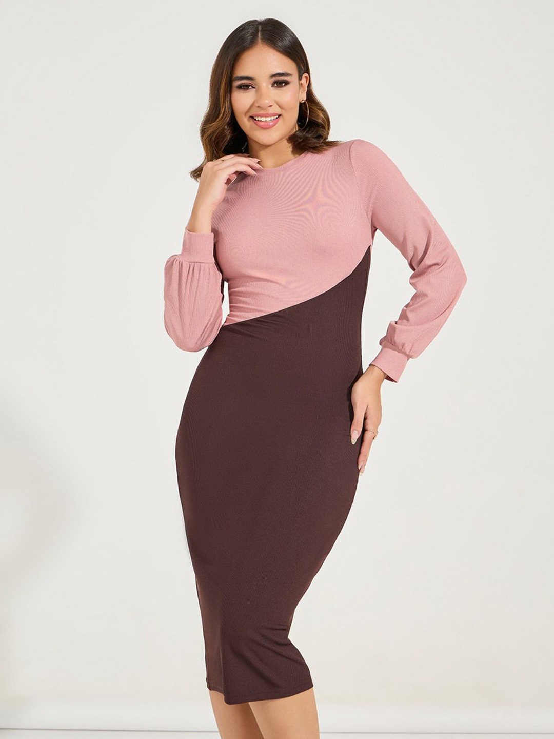 

Styli Colourblocked Bodycon Midi Dress, Pink