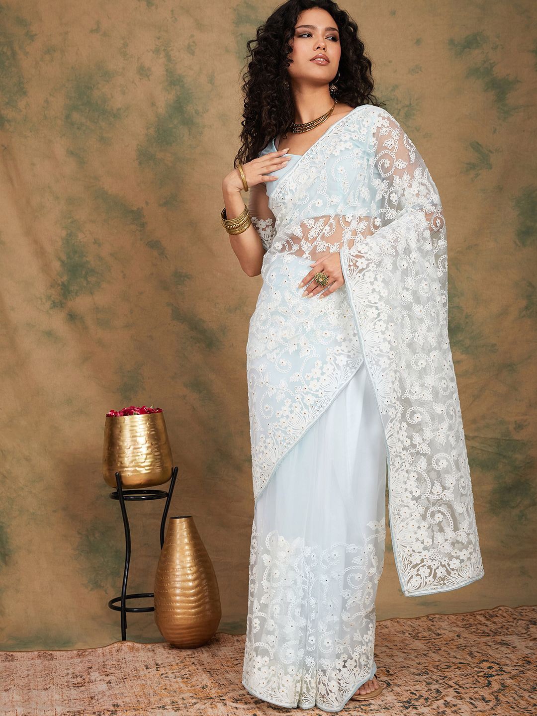 

Suha Embellished Embroidered Supernet Saree, Blue