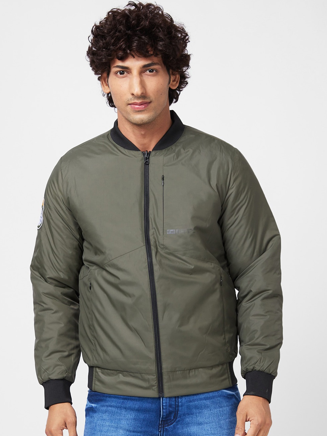 

SPYKAR Stand Collar Bomber with Patchwork Jacket, Green