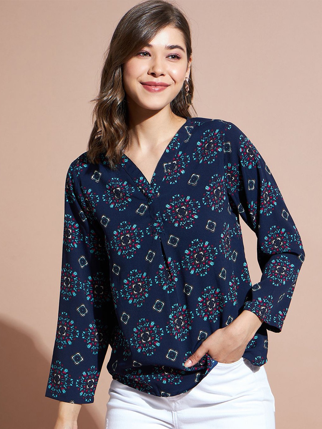 

DressBerry Women Floral Print Crepe Blouson Top, Navy blue