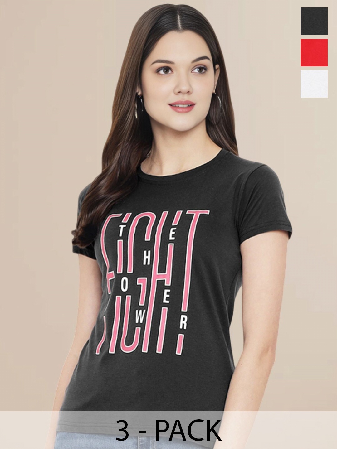 

Metronaut Women Pack Of 3 Typography Printed Round Neck Cotton T-shirts, White