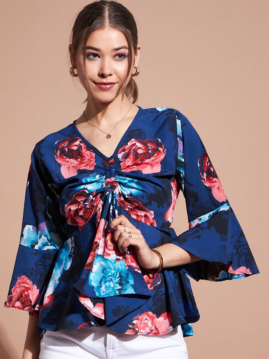 

DressBerry Women Floral Printed Bell Sleeve Cinched Waist Top, Blue