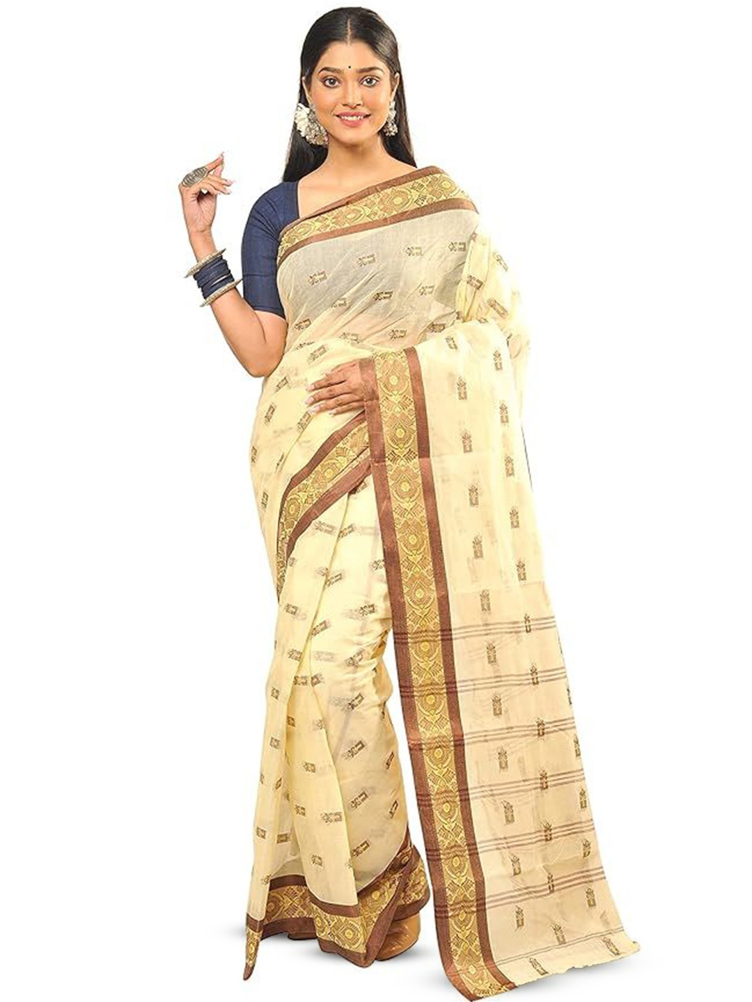 

RAJ SAREE HOUSE Woven Design Zari Pure Cotton Taant Saree, Off white