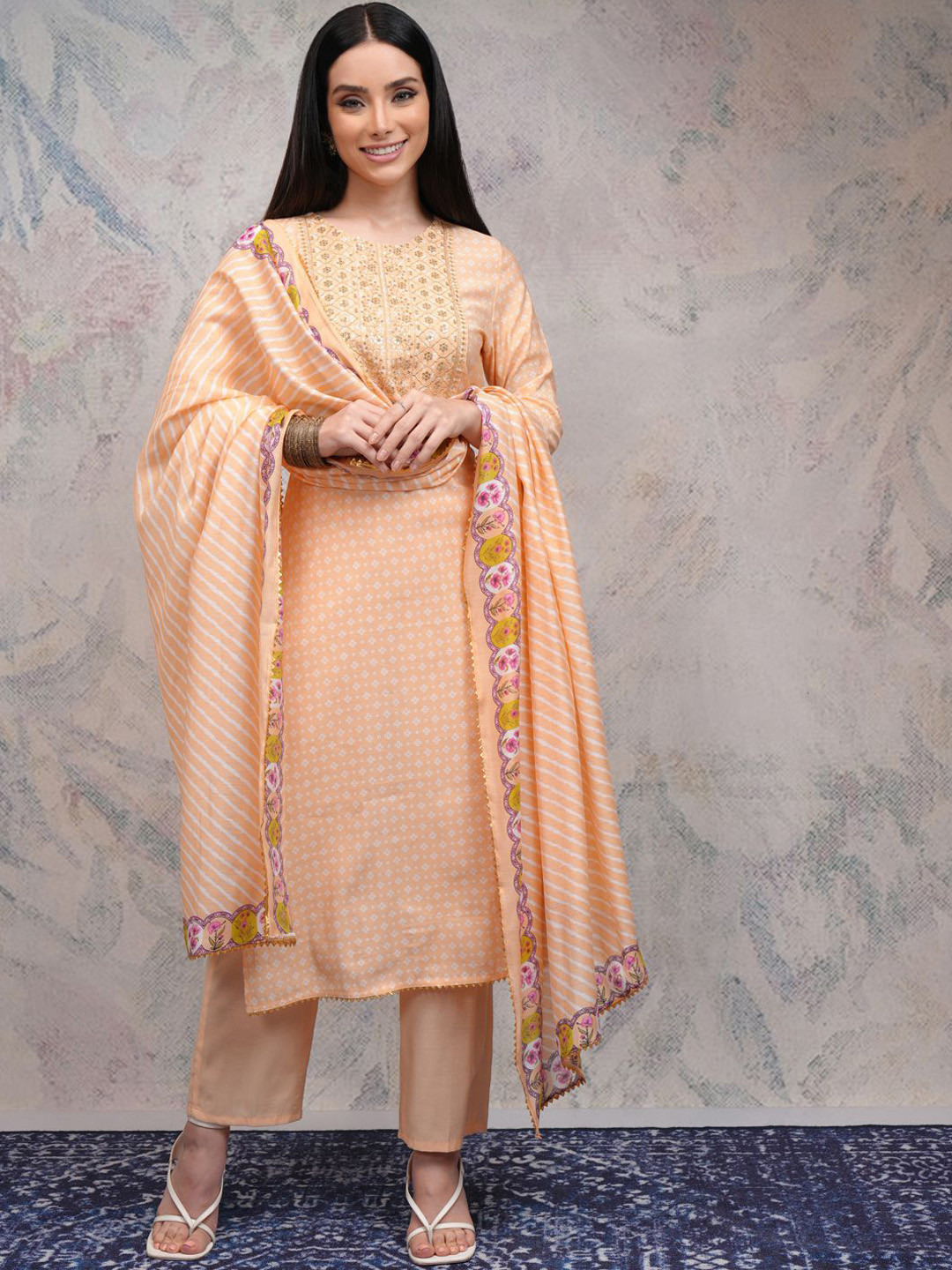 

Vishudh Women Embroidered Regular Sequinned Kurta with Trousers & With Dupatta, Peach
