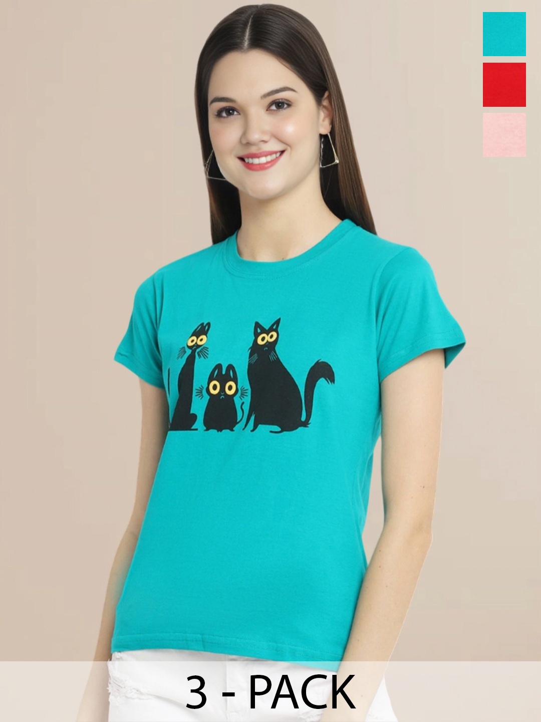 

Metronaut Women Pack Of 3 Typography Printed Round Neck Cotton T-shirts, Sea green