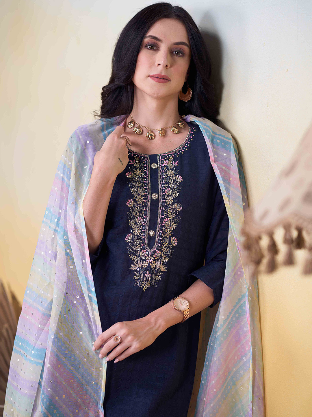 

Anouk Women Ethnic Motifs Embroidered Regular Mirror Work Kurta with Trousers & With Dupatta, Navy blue