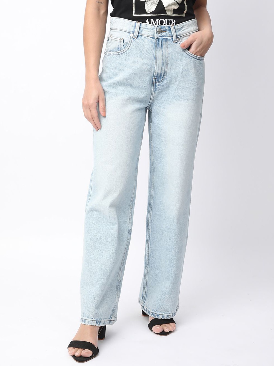 

R&B Women Straight Fit High-Rise Cotton Jeans, Blue