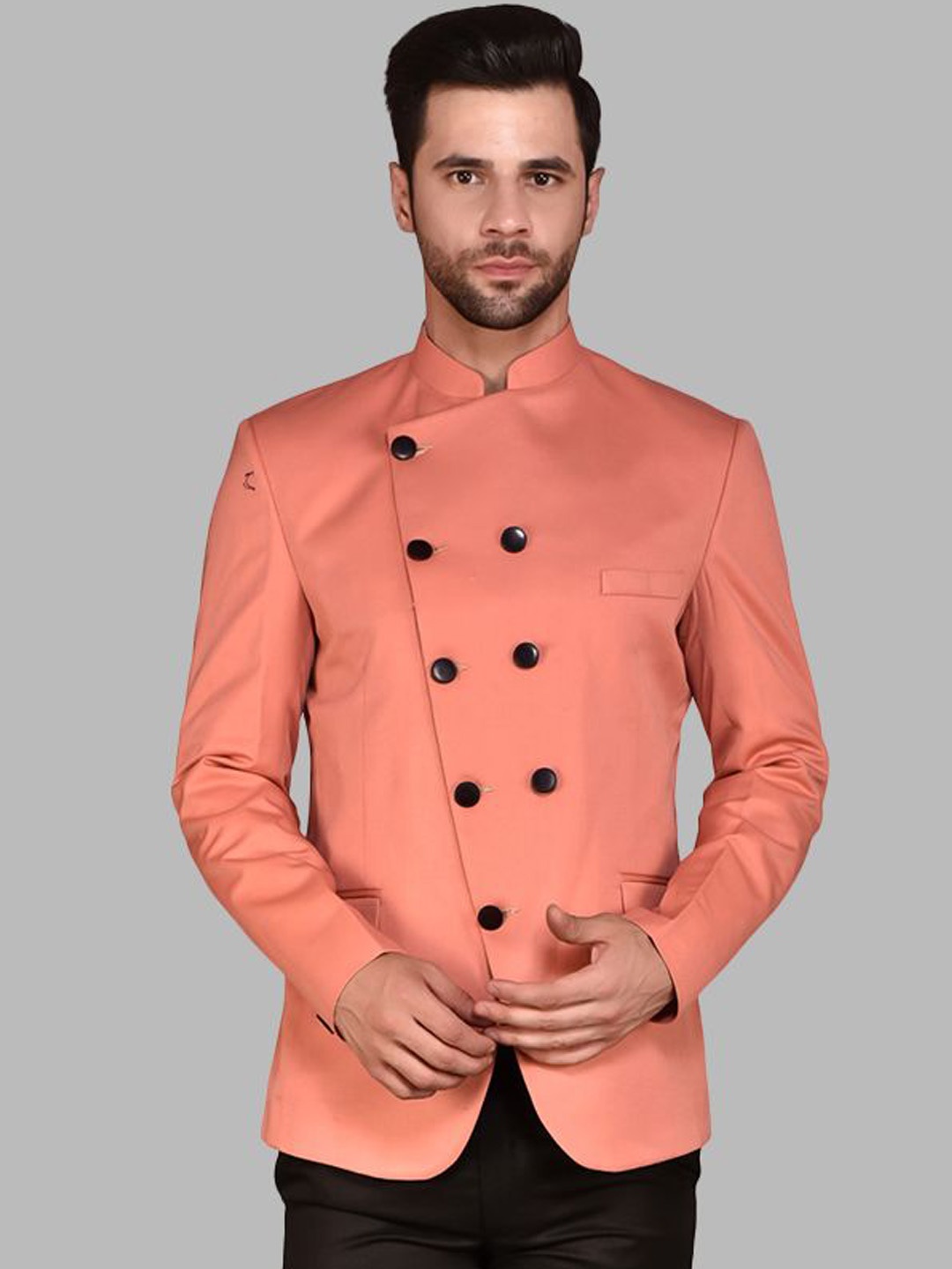 

PRINTINDIA Mandarin Collar Bandhgala Blazer, Coral