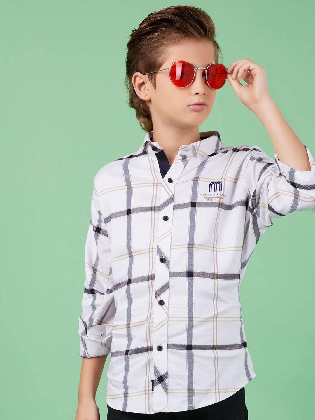 

MashUp Boys Classic Windowpane Checks Opaque Checked Casual Shirt, White