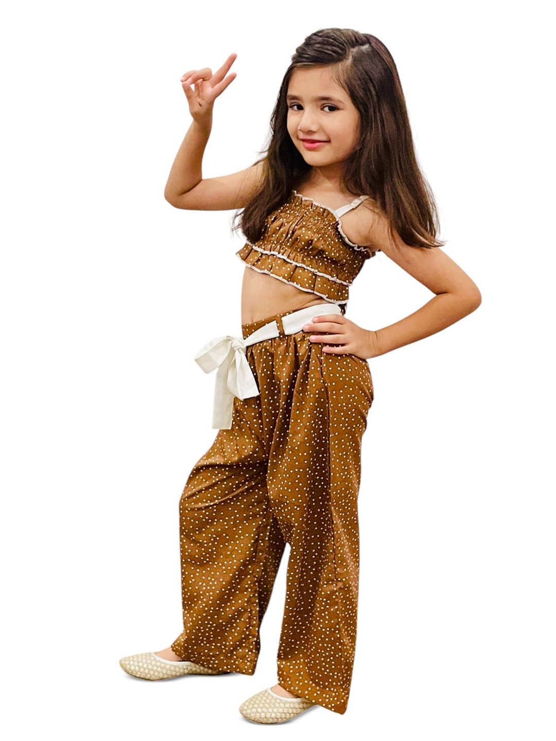 

BAESD Girls Printed Square Neck Top With Palazzos, Brown