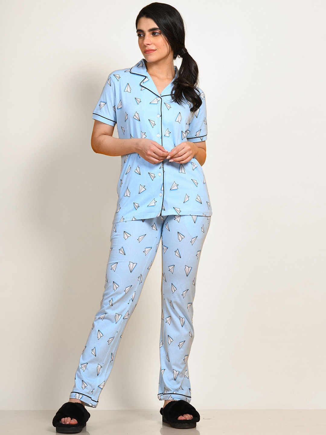 

NAP STORY Paper Plane Printed Half Sleeves Shirt and Pyjama Nightsuit Set, Blue