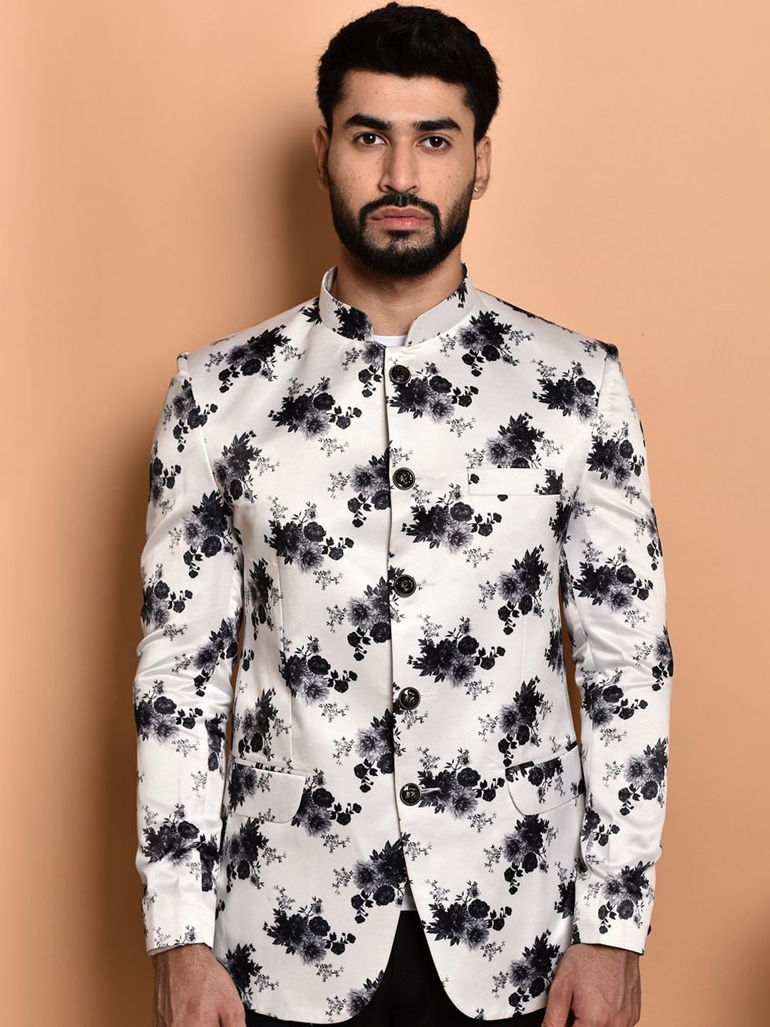 

PRINTINDIA Printed Mandarin Collar Single Breasted Bandhgala Blazer, White