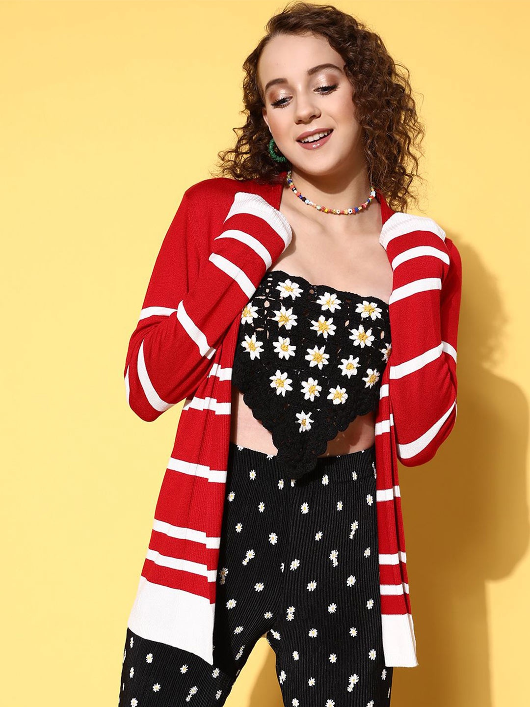 

SASSAFRAS Women Striped Longline Shrug, Red