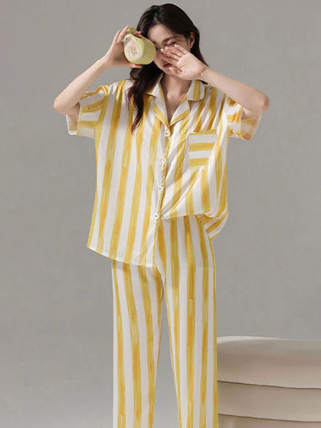 

LULU & SKY Women Striped Night suit, Yellow