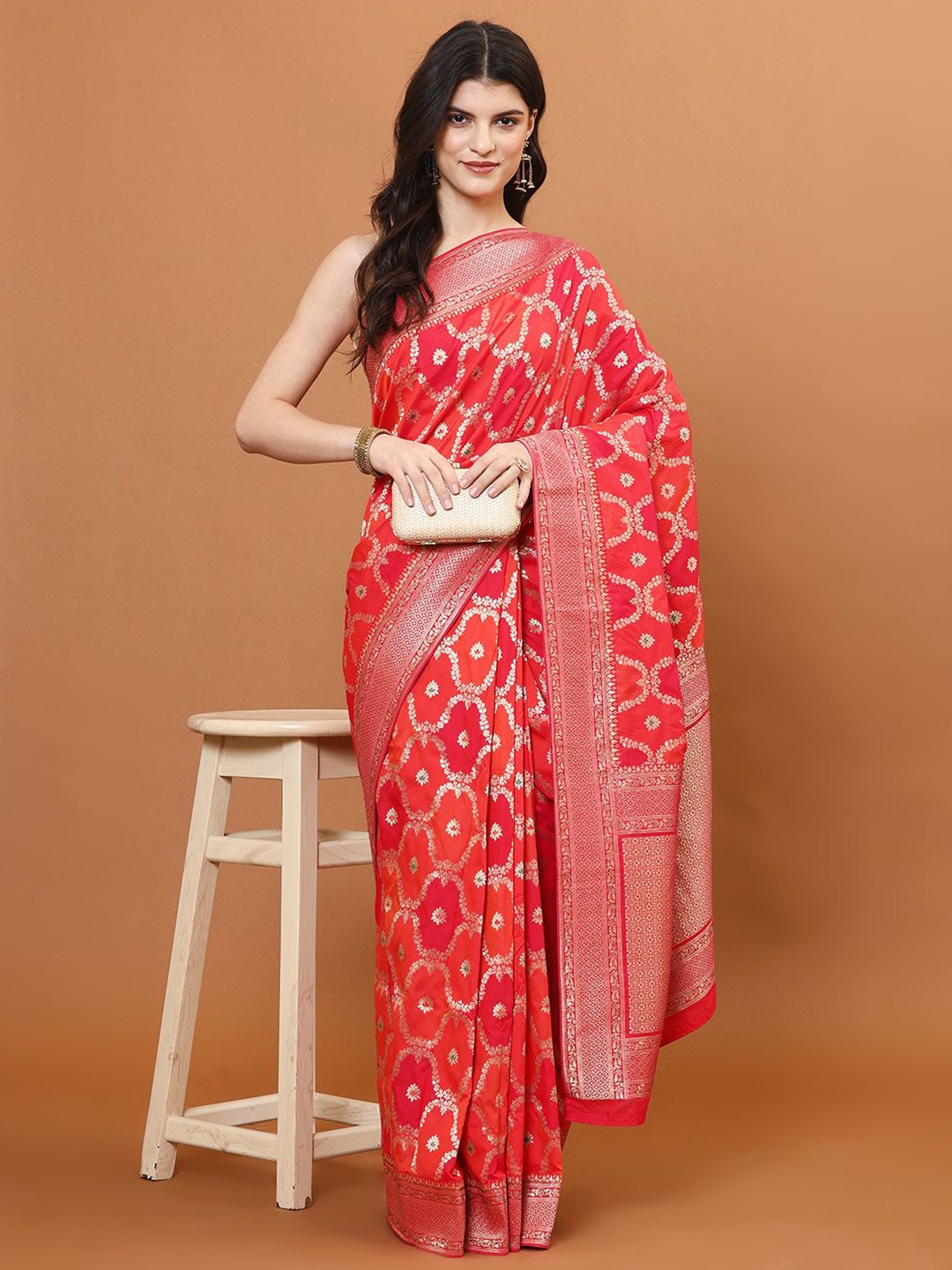

Meena Bazaar Ethnic Motifs Woven Jaal Art Silk Banarasi Saree, Pink