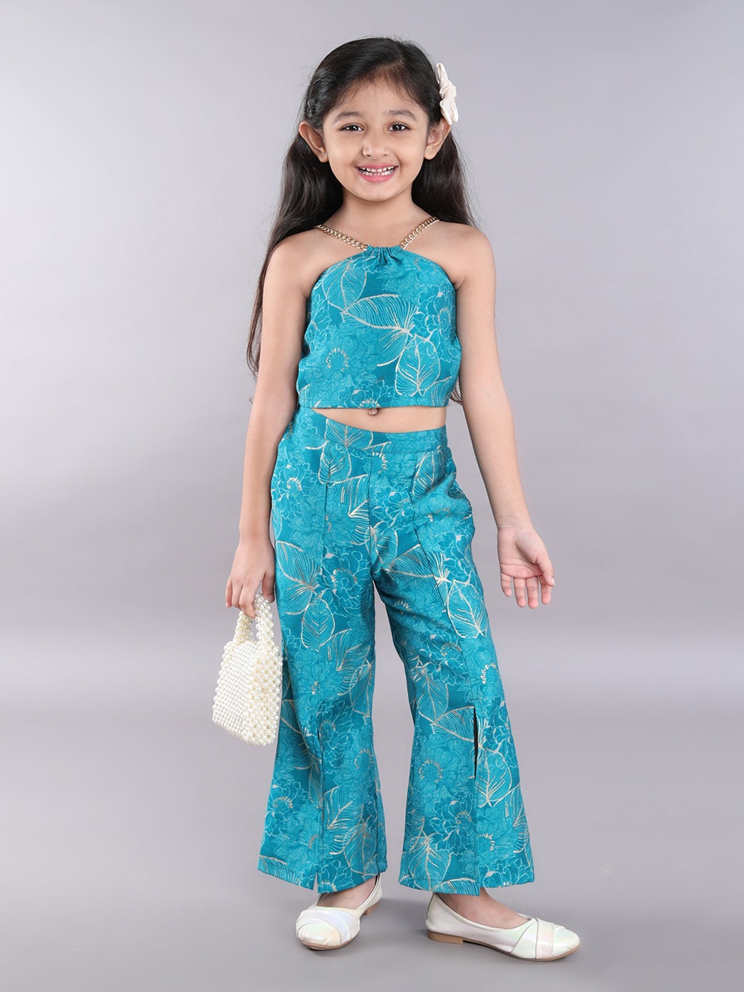 

taffykids Girls Printed Top with Trousers, Teal