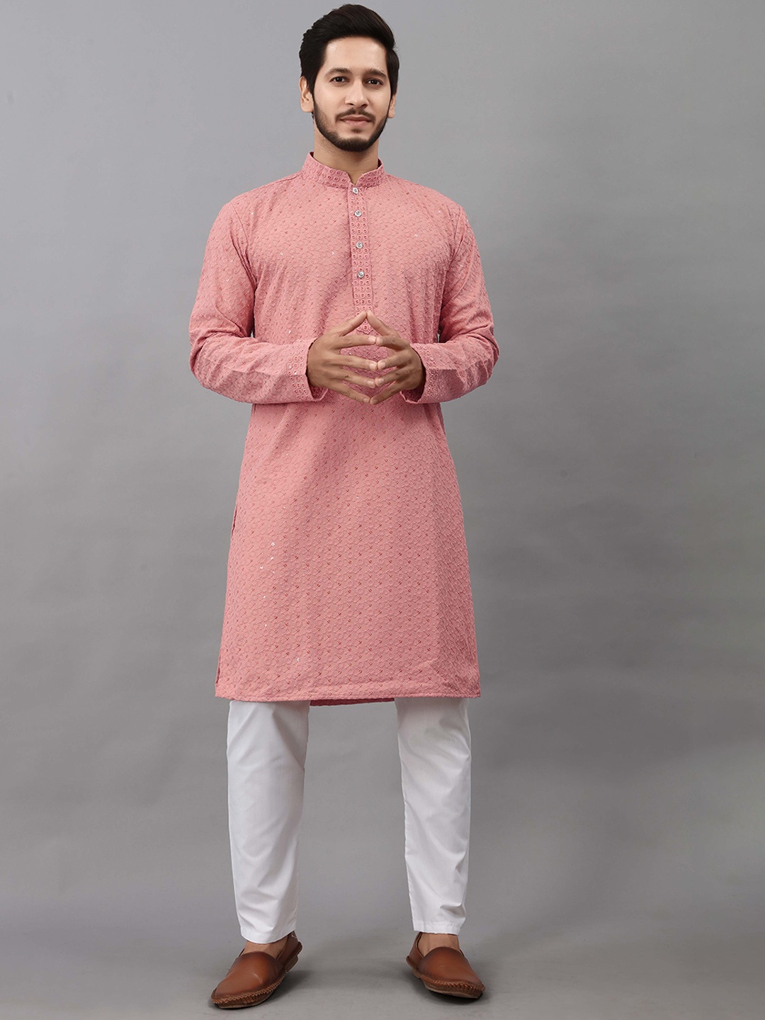 

ALMORA Men Ethnic Motifs Embroidered Mirror Work Kurta, Peach