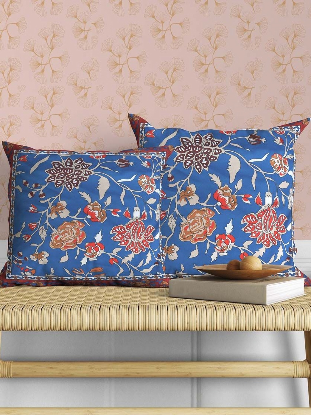 

AAZEEM Blue & Red 2 Pieces Floral Velvet Square Cushion Covers