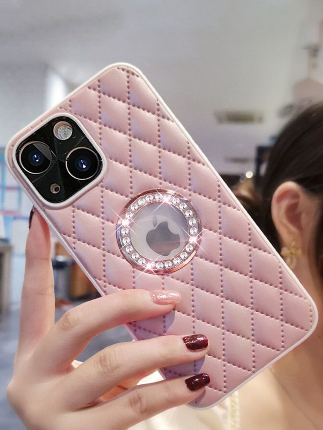 

Luxury Kase Geometric Printed iPhone 14 Plus Back Case Mobile Accessories, Pink