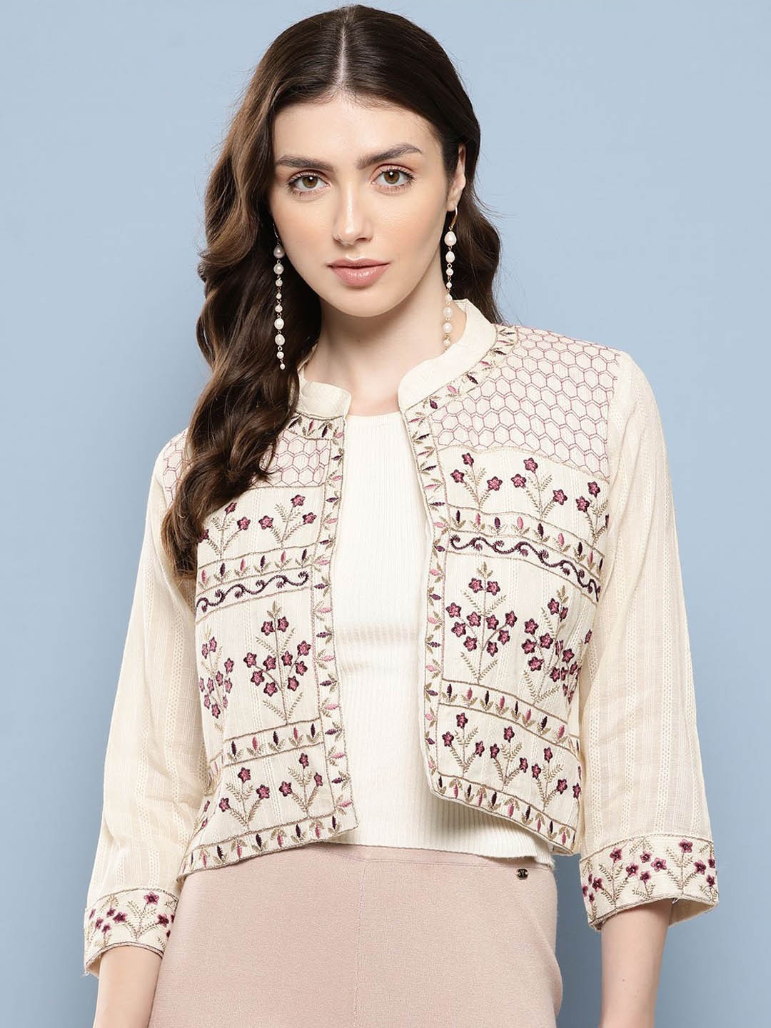 

The Roadster Lifestyle Co Embroidered Cotton Three Quarter Sleeve Shrug, Cream